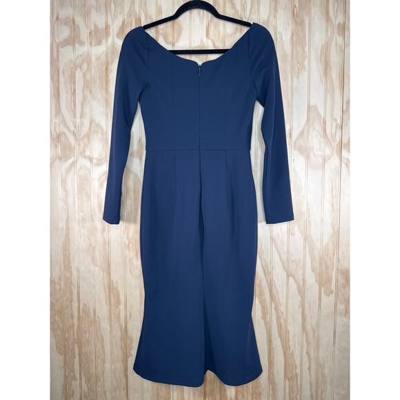 Lumier by Bariano Dark Blue Bodycon Cocktail Dress XS Quiet Luxury Romantic Midi - Picture 2 of 7